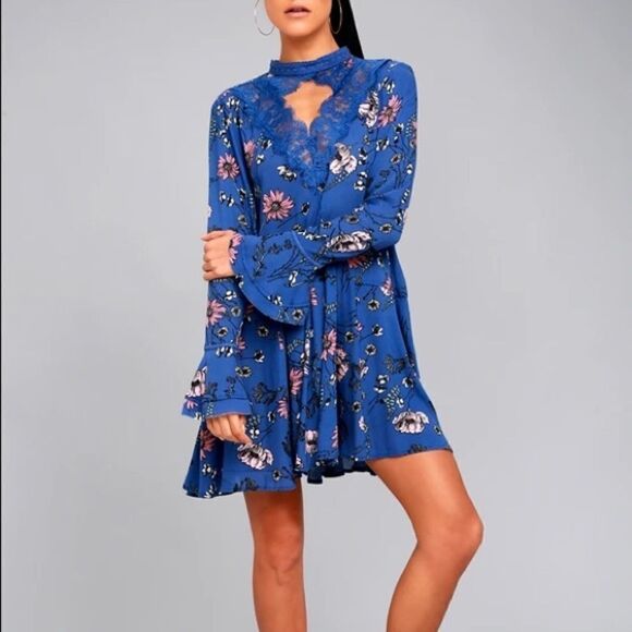 Lulu’s New You Royal Blue Floral Long Sleeve Mini Dress - Picture 1 of 6